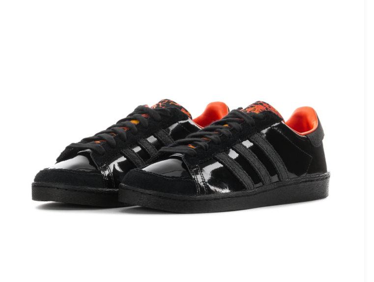 Adidas Black Glossy Sneakers with Orange Lining and Graphic Tongue