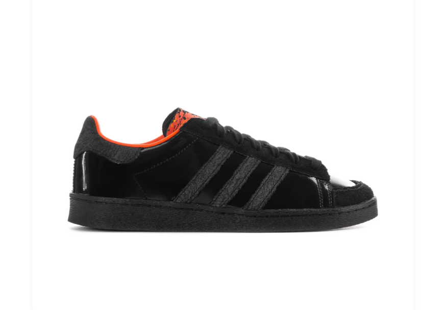 Adidas Black Glossy Sneakers with Orange Lining and Graphic Tongue